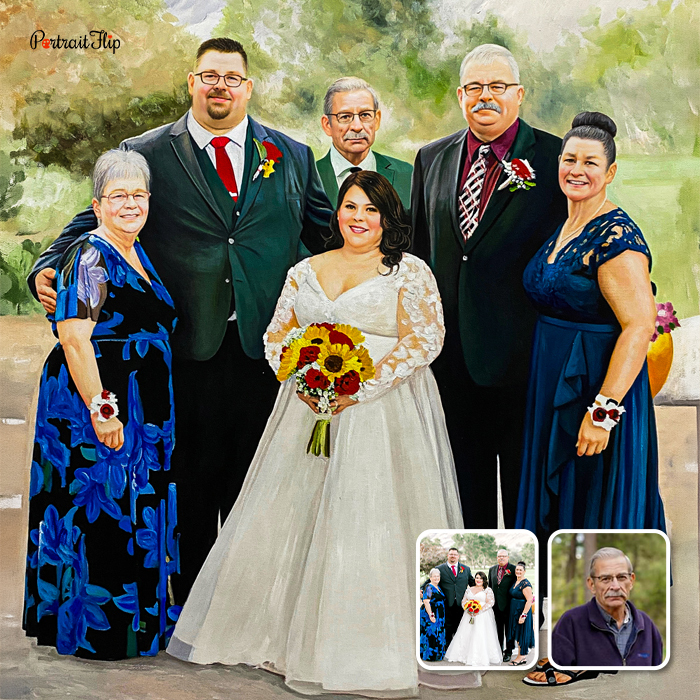 Wedding portrait completed by merging photos to include a deceased family member